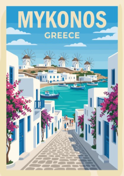 Travel poster of Mykonos Greece showing white buildings blue water and pink flowers