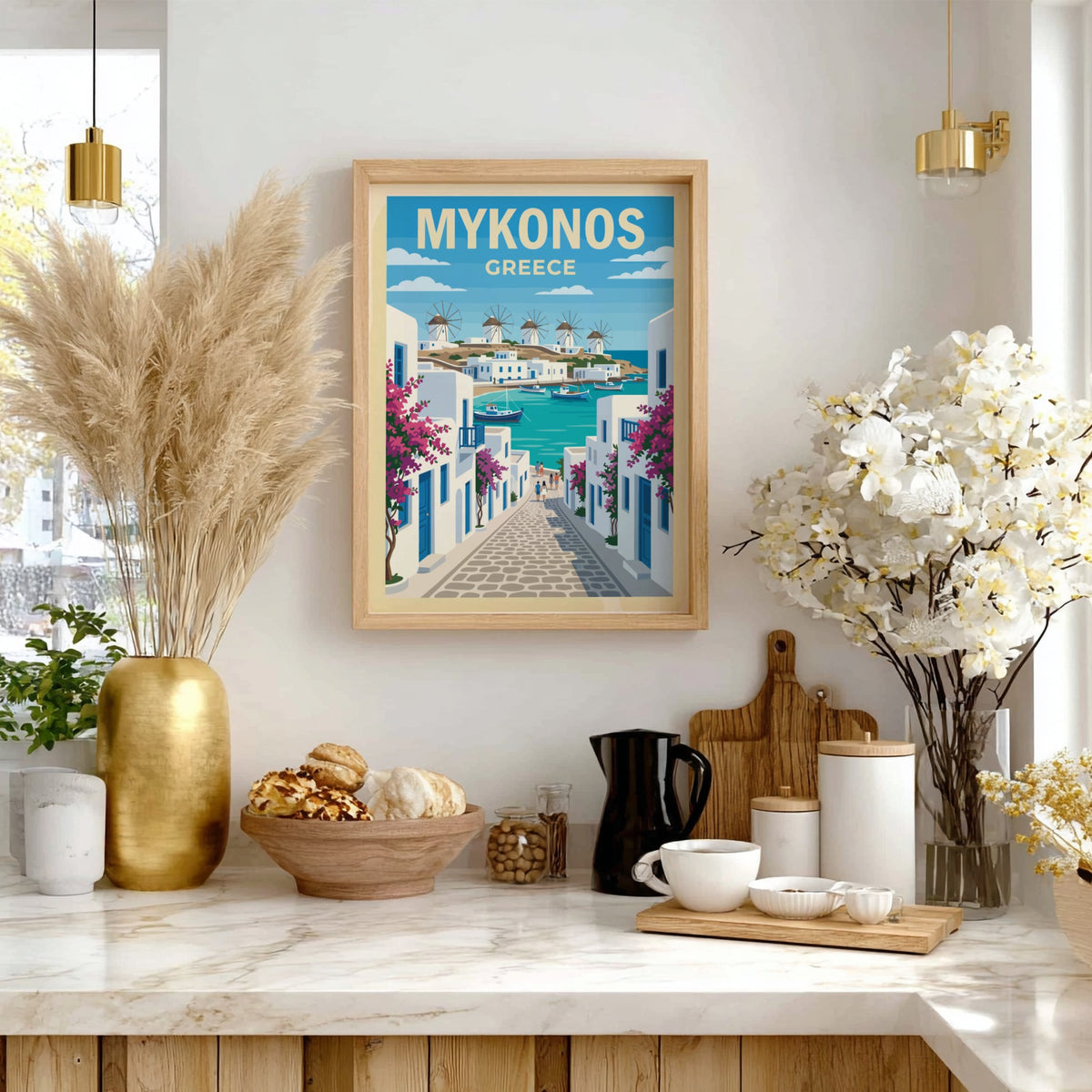 Travel poster of Mykonos Greece showing white buildings blue water and pink flowers
