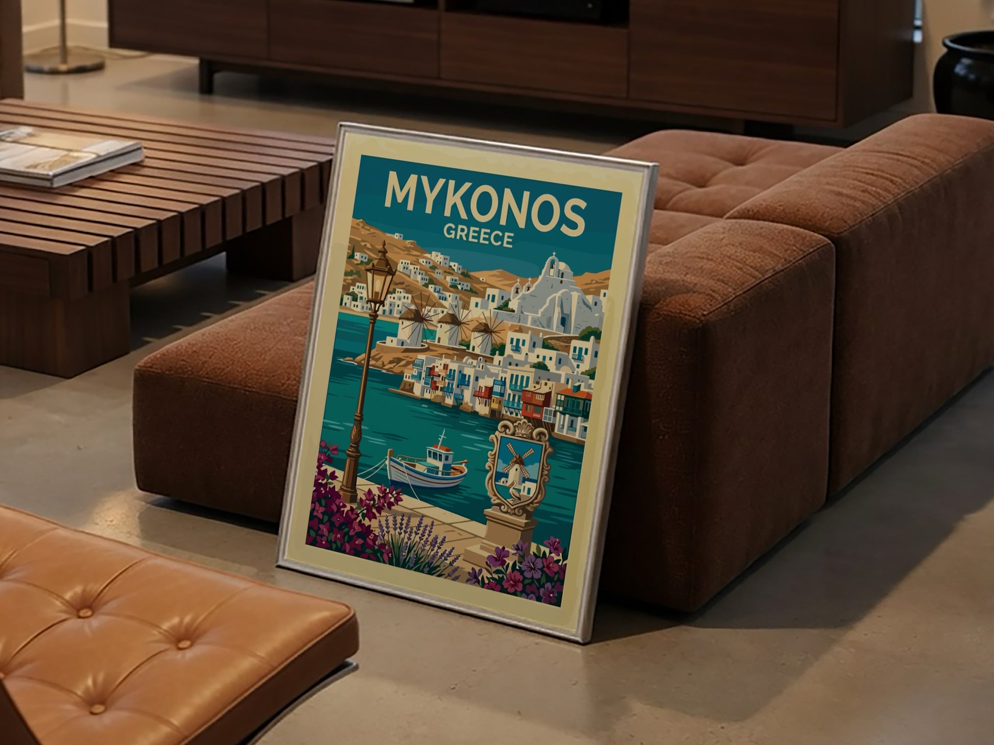 Mykonos travel poster featuring whitewashed buildings, windmills, and a boat in Greece. Vibrant blues and