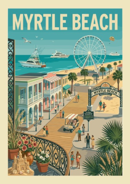 Vintage-style poster of Myrtle Beach boardwalk with Ferris wheel, boats, and colorful buildings.