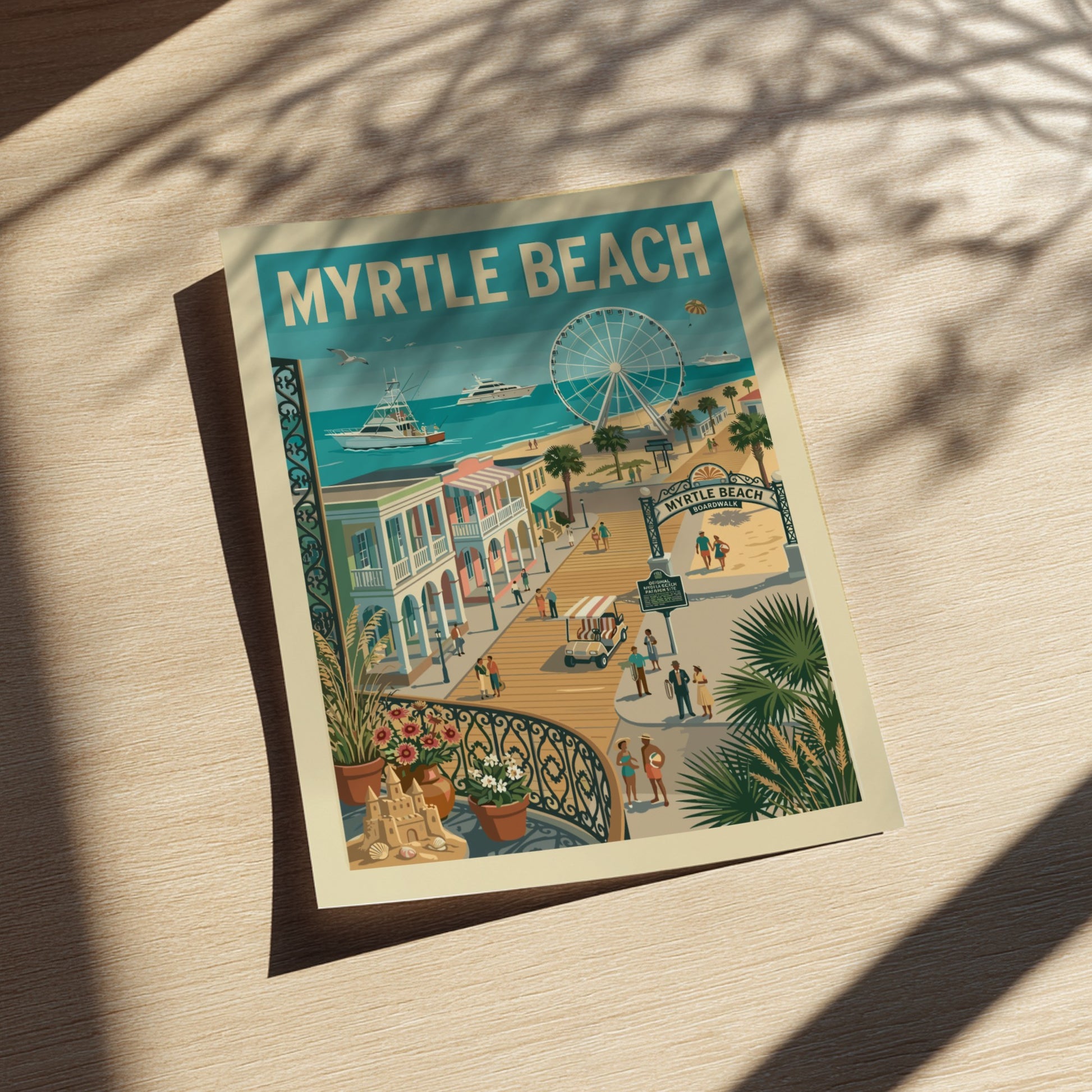 Vintage-style poster of Myrtle Beach boardwalk with Ferris wheel, boats, and colorful buildings.