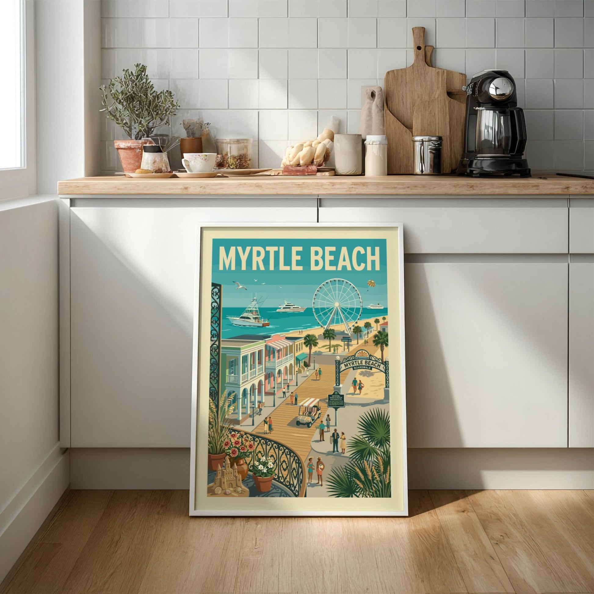 Vintage-style poster of Myrtle Beach boardwalk with Ferris wheel, boats, and colorful buildings.