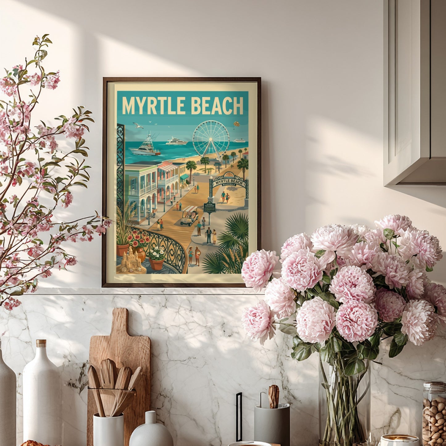 Vintage-style poster of Myrtle Beach boardwalk with Ferris wheel, boats, and colorful buildings.