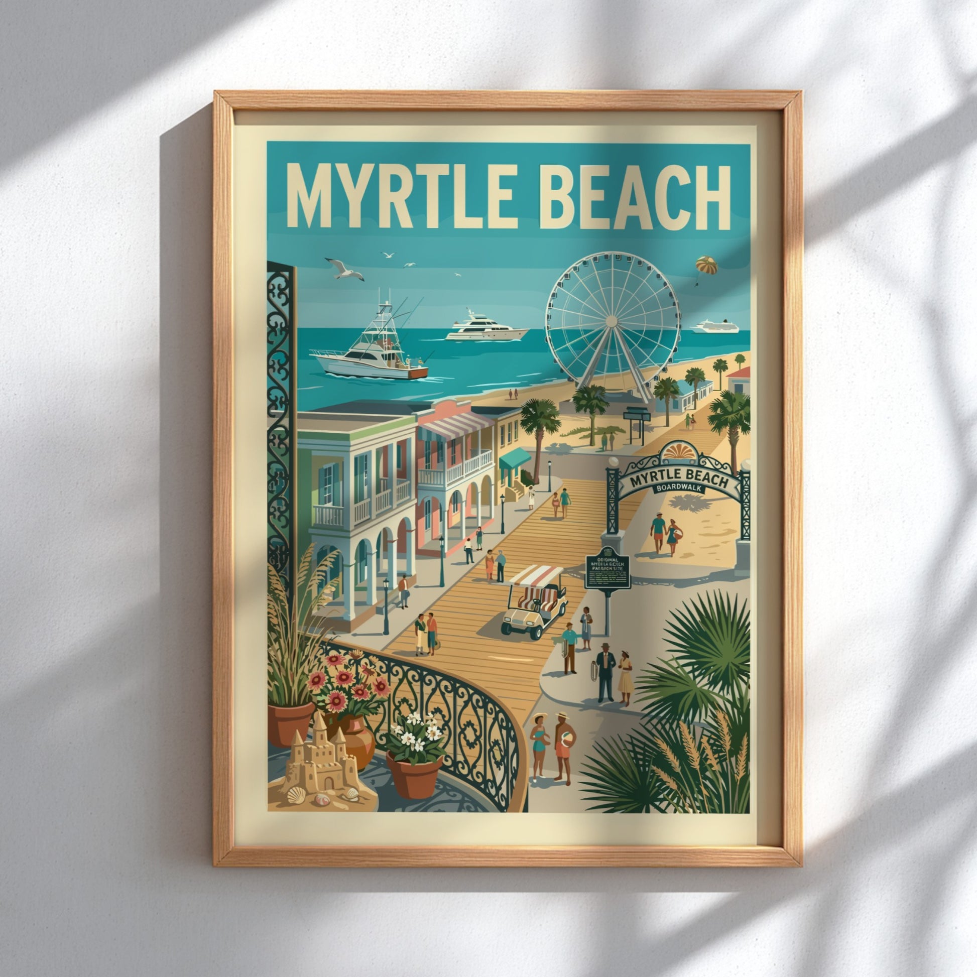 Vintage-style poster of Myrtle Beach boardwalk with Ferris wheel, boats, and colorful buildings.