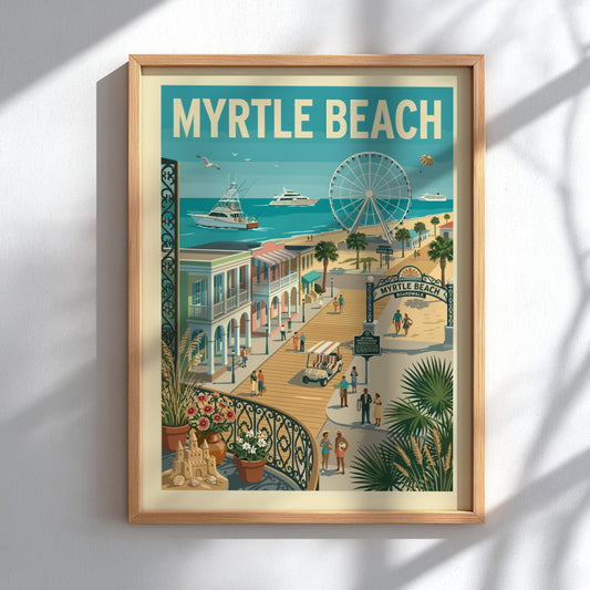 Vintage-style poster of Myrtle Beach boardwalk with Ferris wheel, boats, and colorful buildings.
