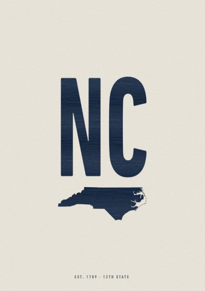 USA states poster featuring North Carolina in navy on parchment background