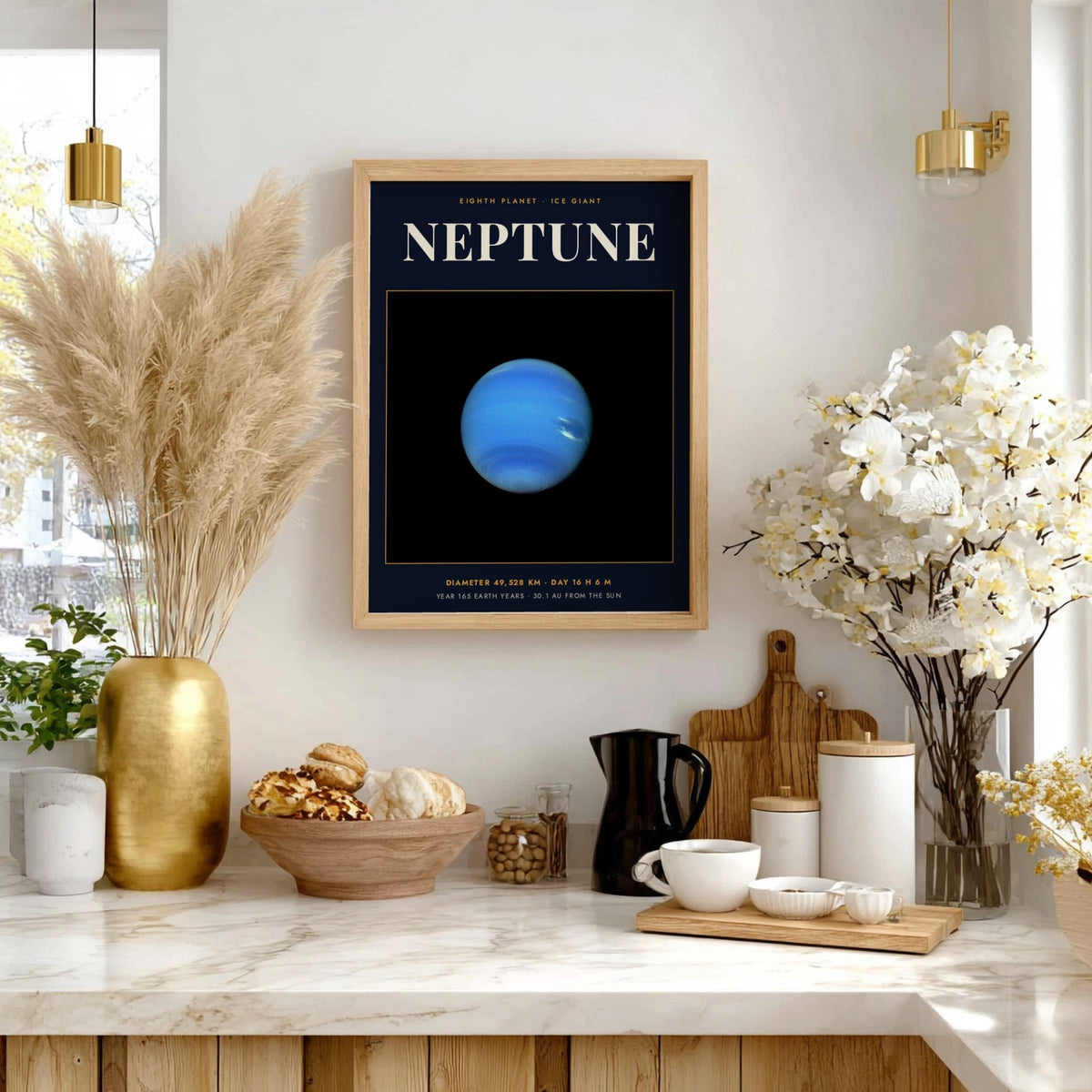 Poster of the blue Neptune planet with text detailing its size and orbital data
