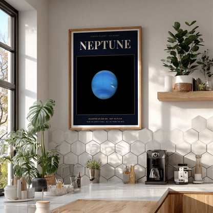 Poster of the blue Neptune planet with text detailing its size and orbital data