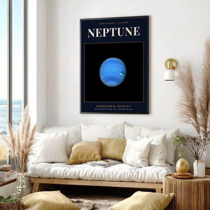 Poster of the blue Neptune planet with text detailing its size and orbital data