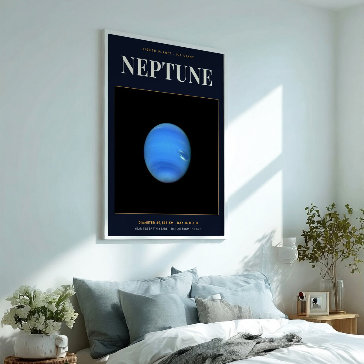 Poster of the blue Neptune planet with text detailing its size and orbital data