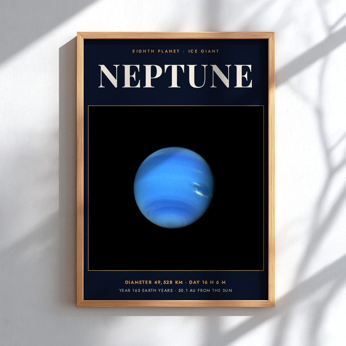 Poster of the blue Neptune planet with text detailing its size and orbital data