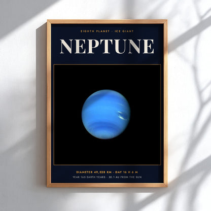 Poster of the blue Neptune planet with text detailing its size and orbital data