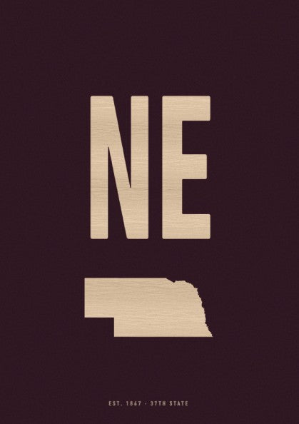 USA states poster featuring Nebraska with burgundy background and wooden text design