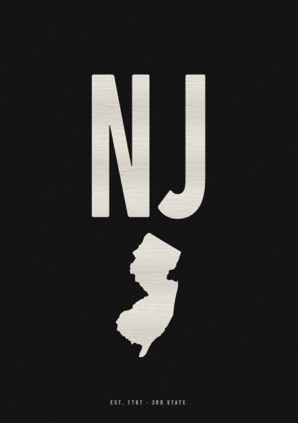 USA states poster featuring New Jersey outline in minimalist style on black background