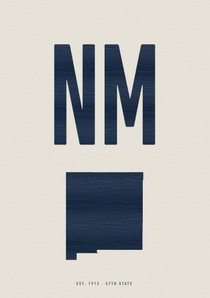 NM poster featuring bold typography and minimalist state outline in navy and cream colors