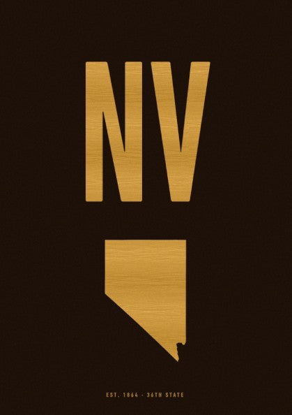 Nevada poster featuring gold typography and minimalist state outline on sepia background
