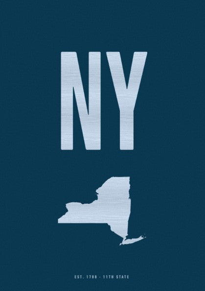 NY poster featuring state outline in blue on navy background, minimalist USA states art