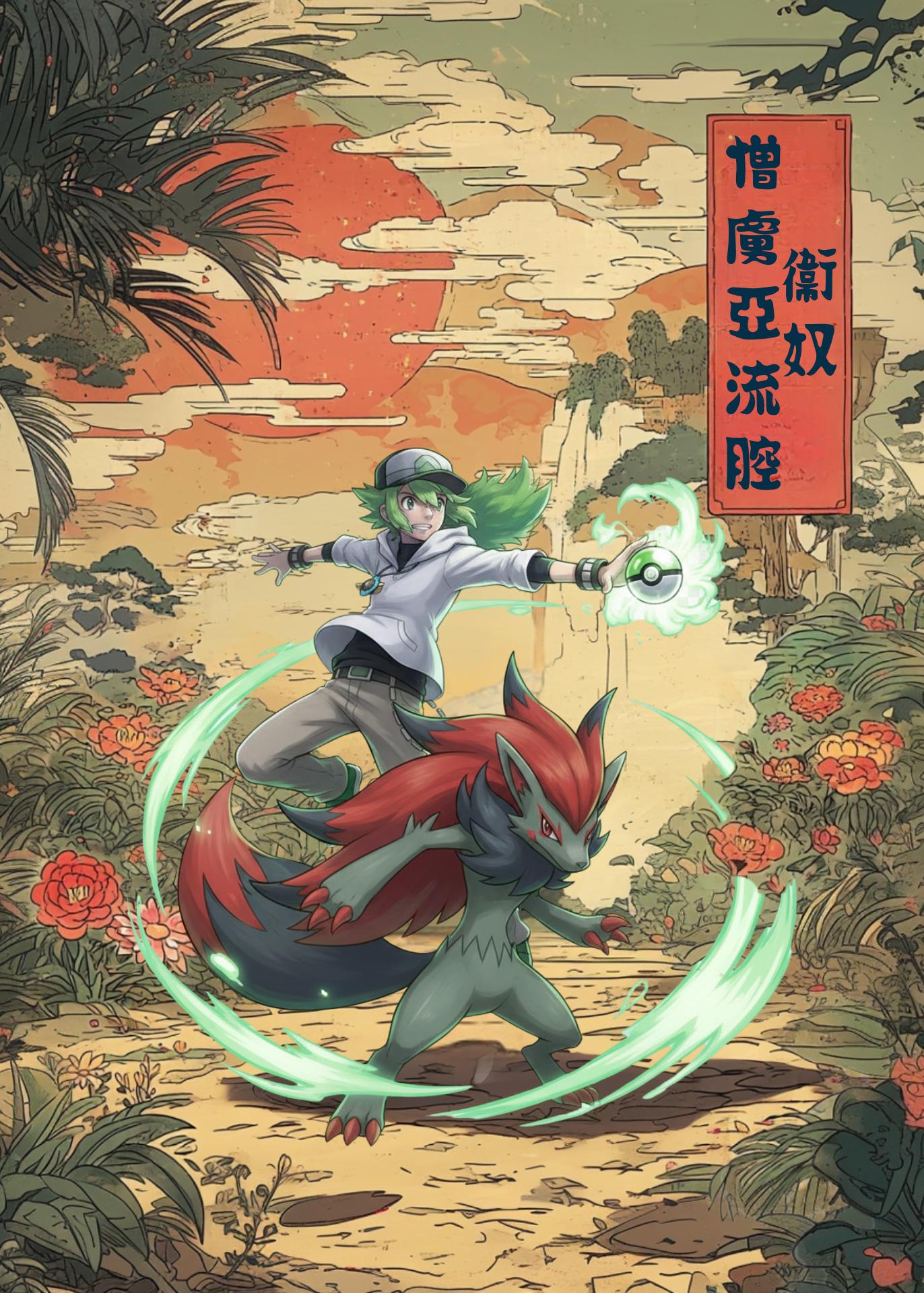 N and Zoroark Pokemon in a stylized, colorful landscape with Japanese text.