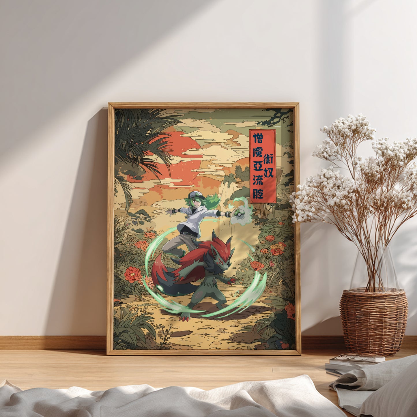 Framed artwork of N and Zoroark Pokemon on a wall in a room.