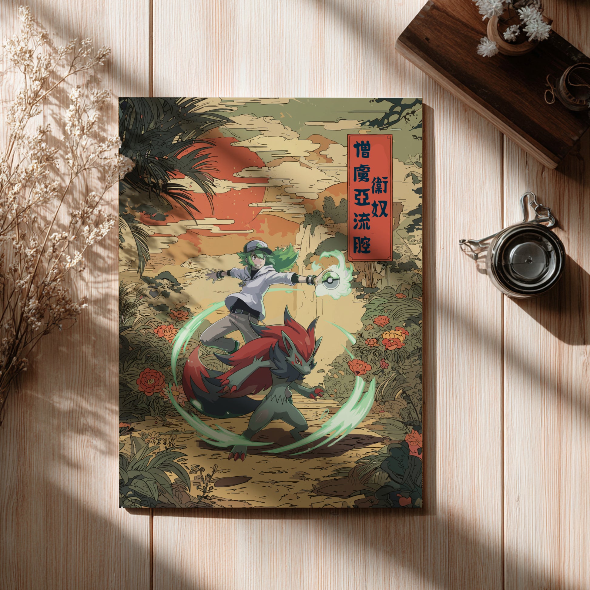 Canvas print of a fantasy scene with N and Zoroark Pokemon on a wooden surface.