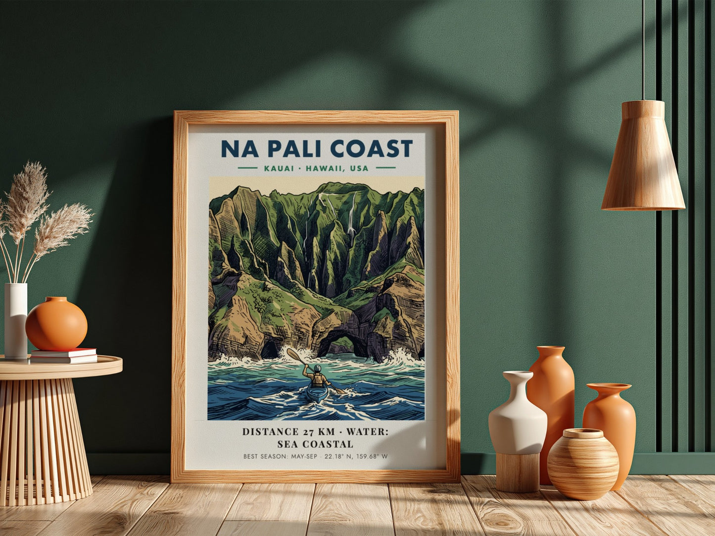 Poster of Na Pali Coast Kauai featuring a kayaker paddling beneath dramatic cliffs