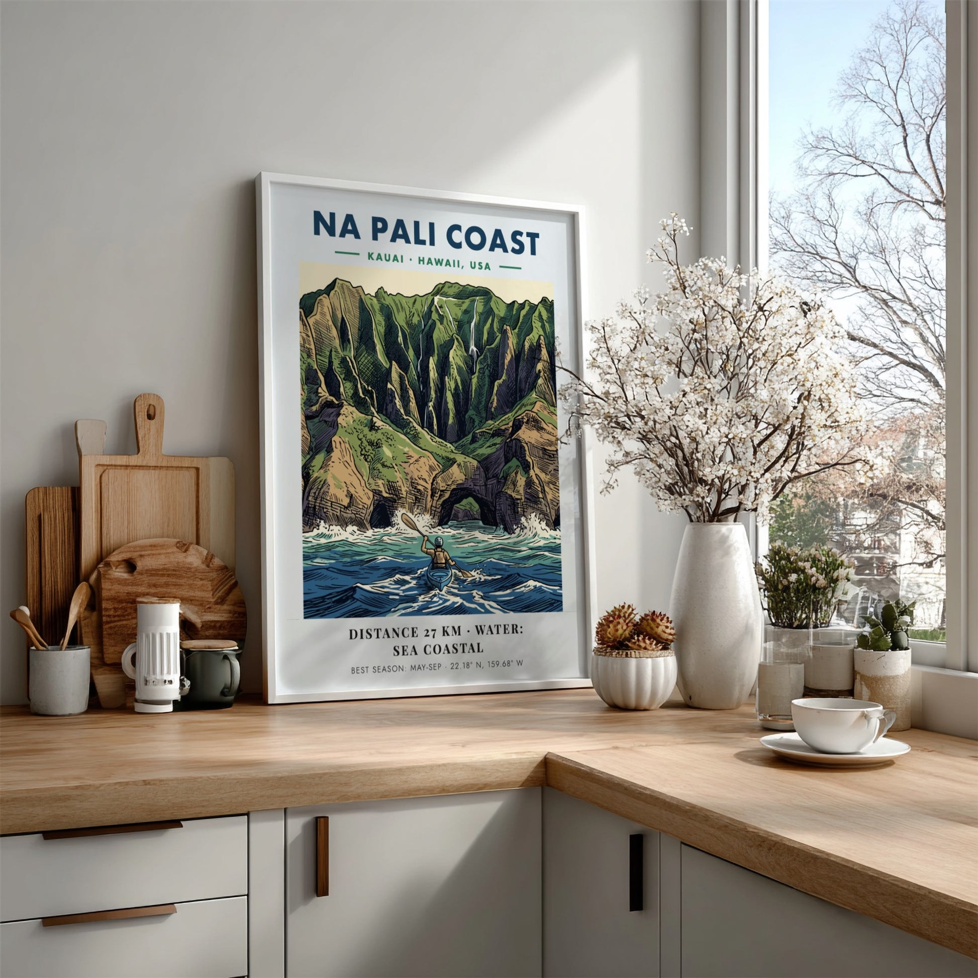 Poster of Na Pali Coast Kauai featuring a kayaker paddling beneath dramatic cliffs