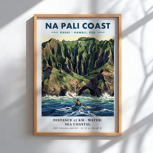 Poster of Na Pali Coast Kauai featuring a kayaker paddling beneath dramatic cliffs