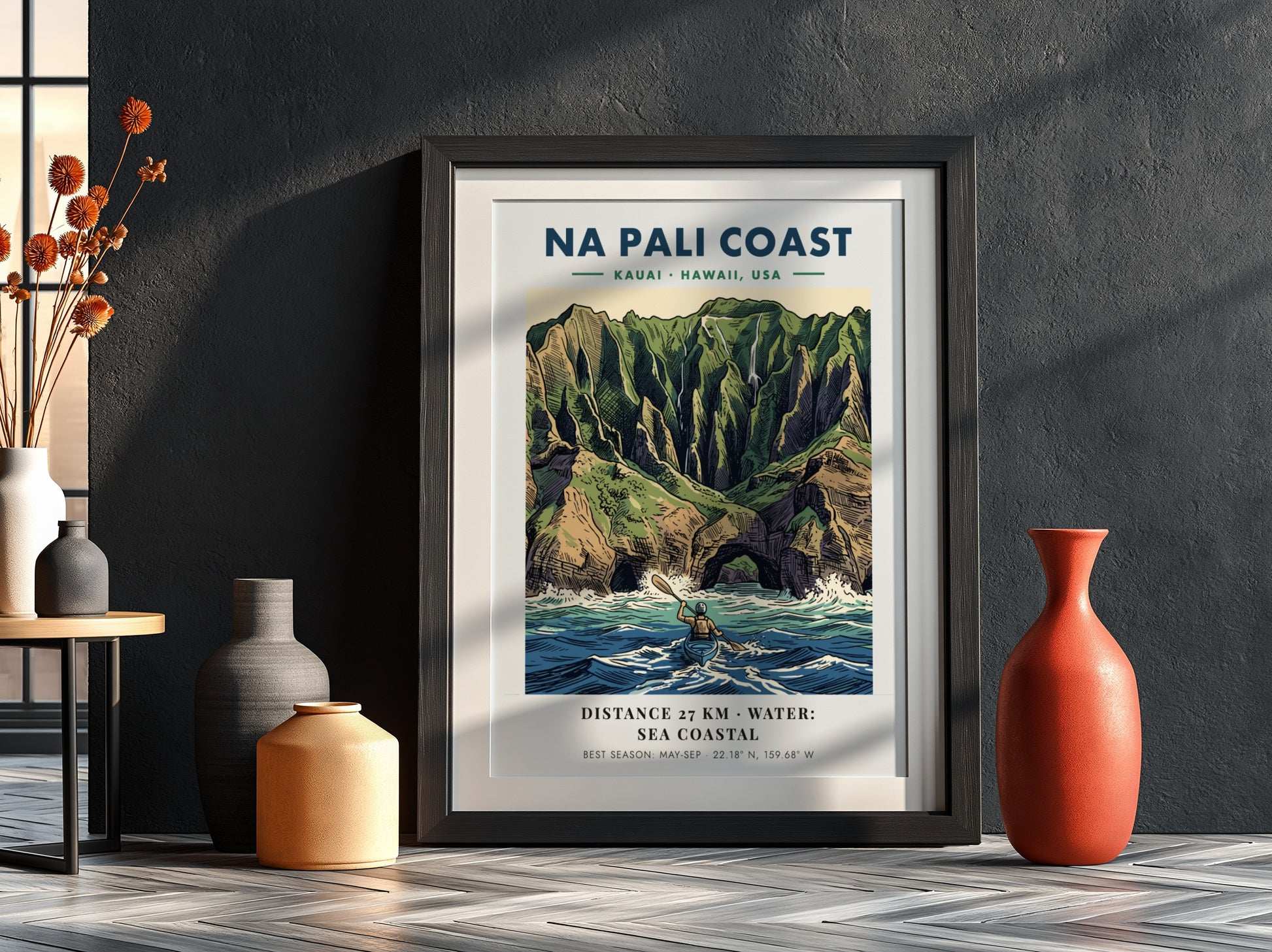Poster of Na Pali Coast Kauai featuring a kayaker paddling beneath dramatic cliffs