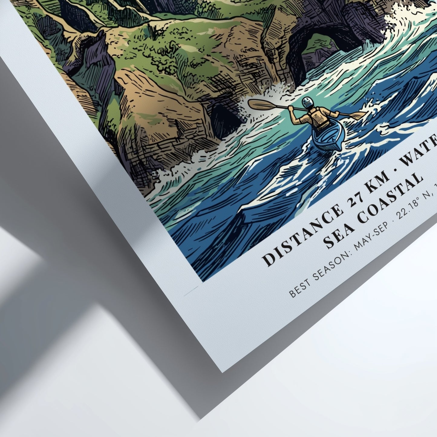 Poster of Na Pali Coast Kauai featuring a kayaker paddling beneath dramatic cliffs