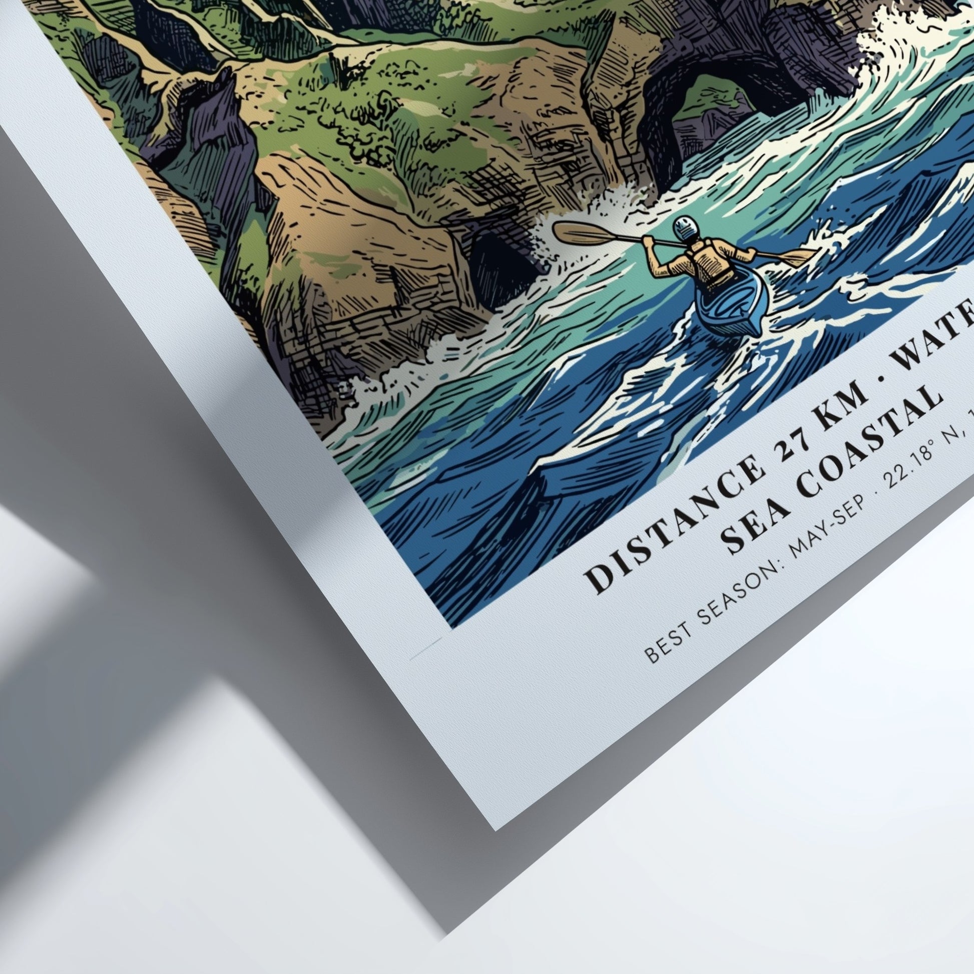 Poster of Na Pali Coast Kauai featuring a kayaker paddling beneath dramatic cliffs