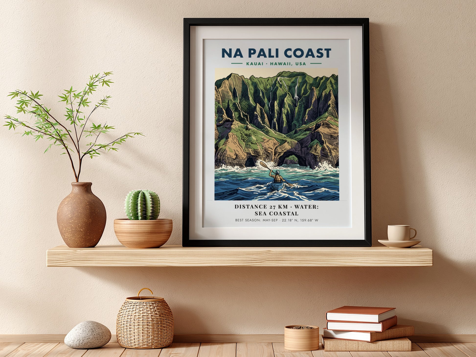 Poster of Na Pali Coast Kauai featuring a kayaker paddling beneath dramatic cliffs