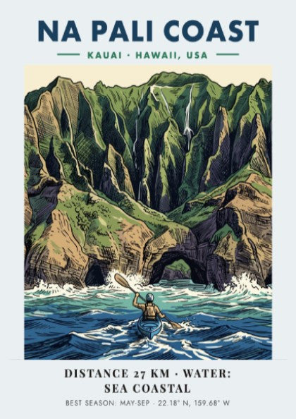 Poster of Na Pali Coast Kauai featuring a kayaker paddling beneath dramatic cliffs