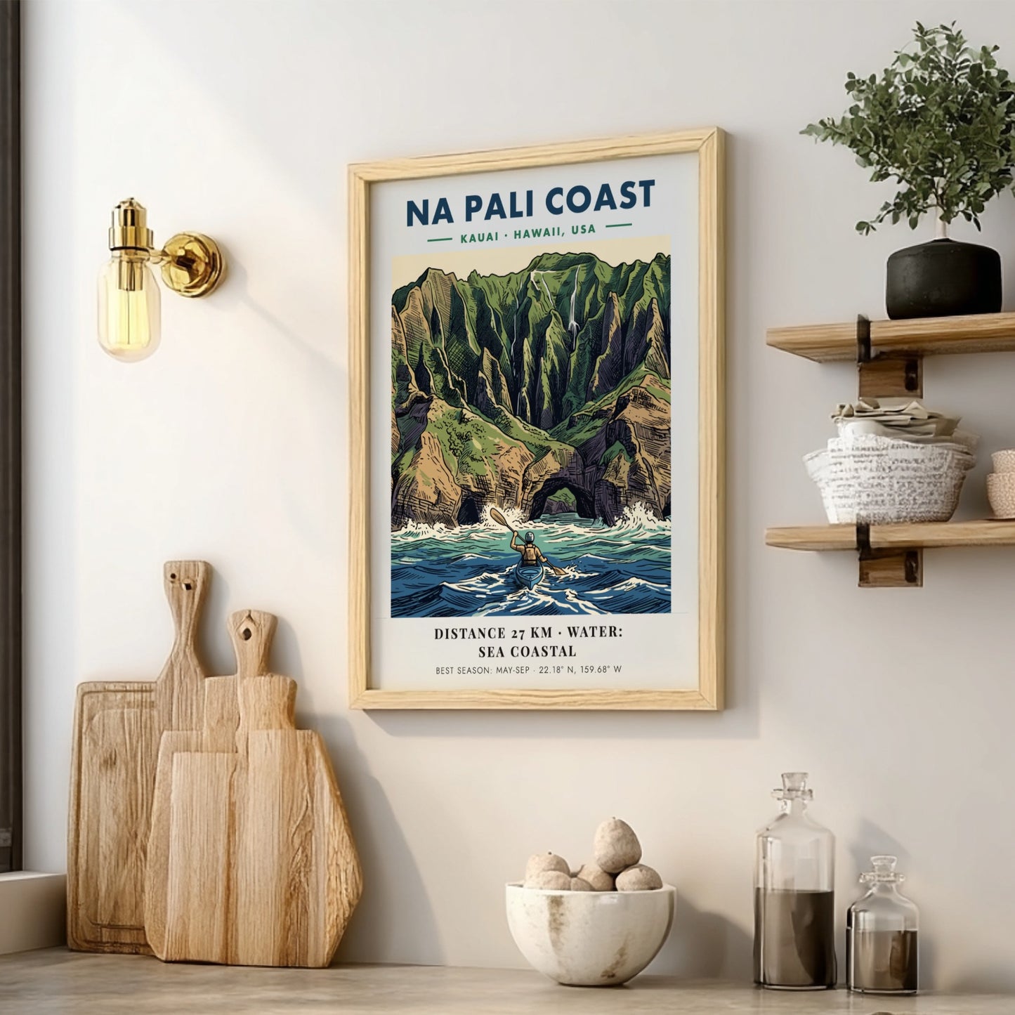 Poster of Na Pali Coast Kauai featuring a kayaker paddling beneath dramatic cliffs