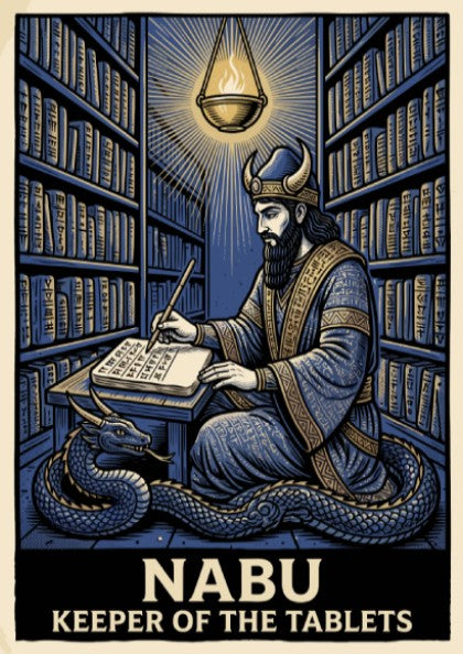 Poster of Nabu the Mesopotamian deity writing in a library with a dragon