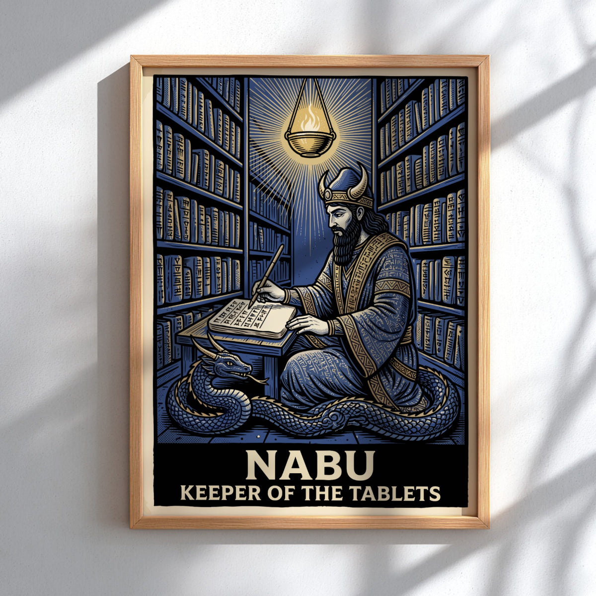 Poster of Nabu the Mesopotamian deity writing in a library with a dragon