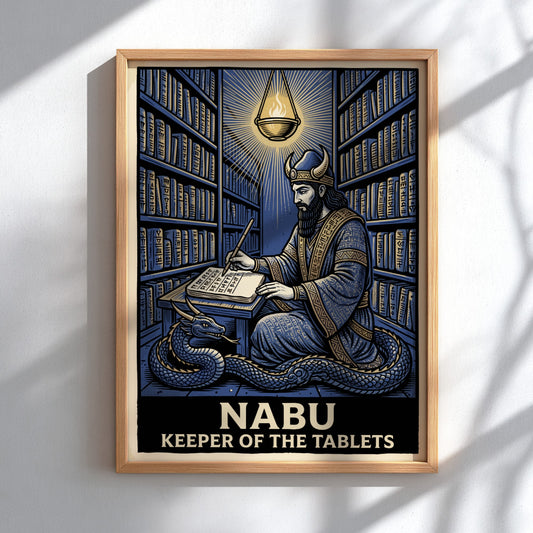Poster of Nabu the Mesopotamian deity writing in a library with a dragon
