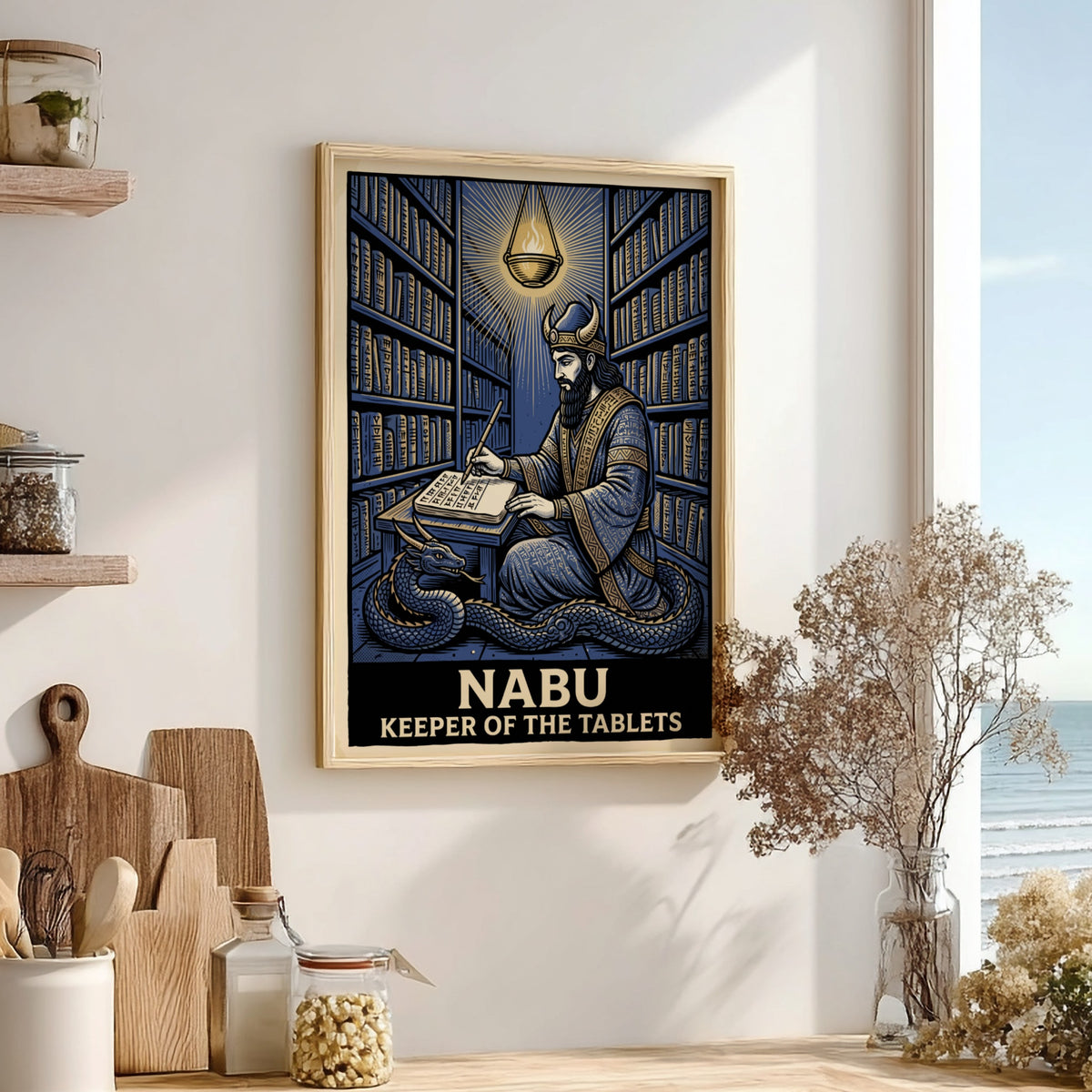 Poster of Nabu the Mesopotamian deity writing in a library with a dragon
