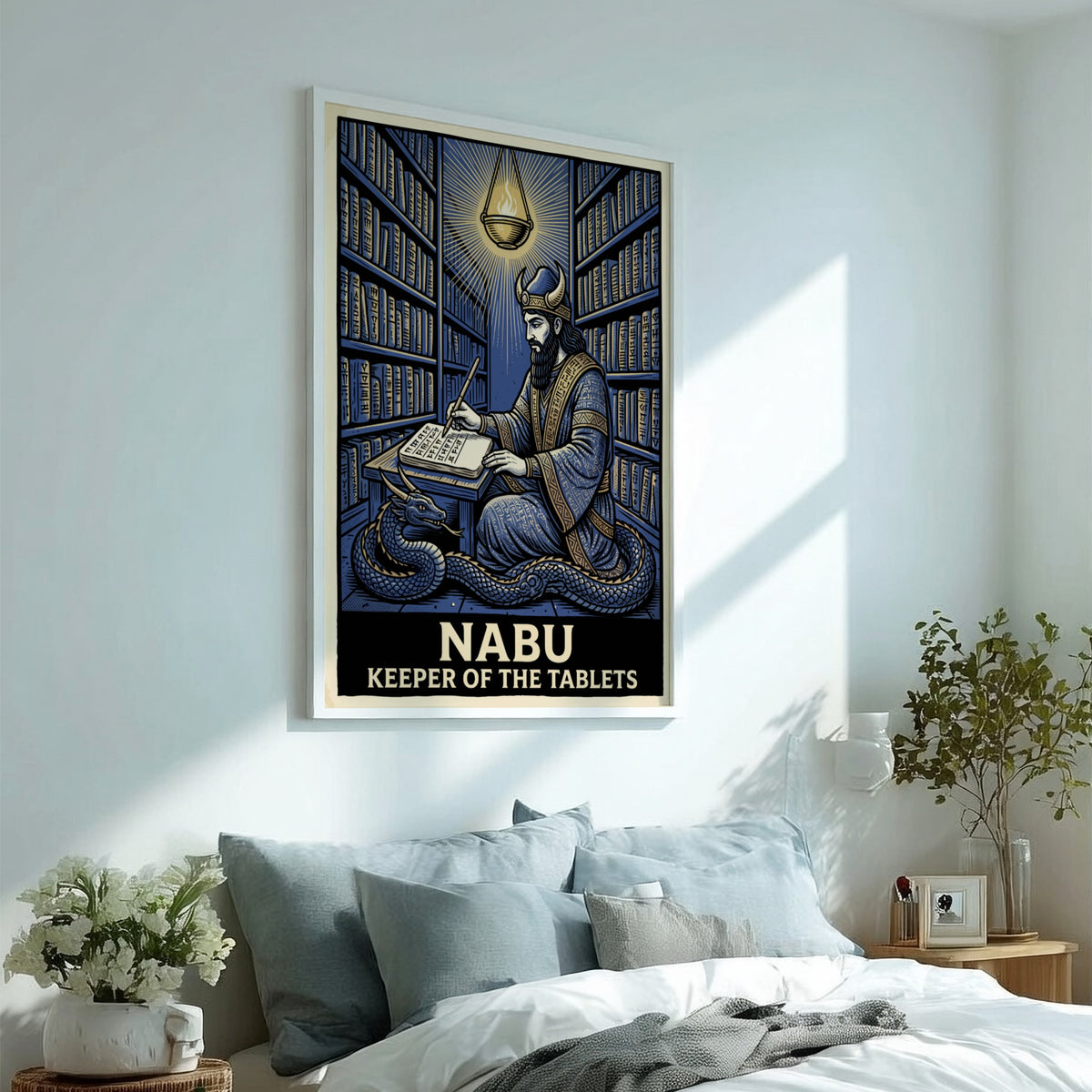 Poster of Nabu the Mesopotamian deity writing in a library with a dragon