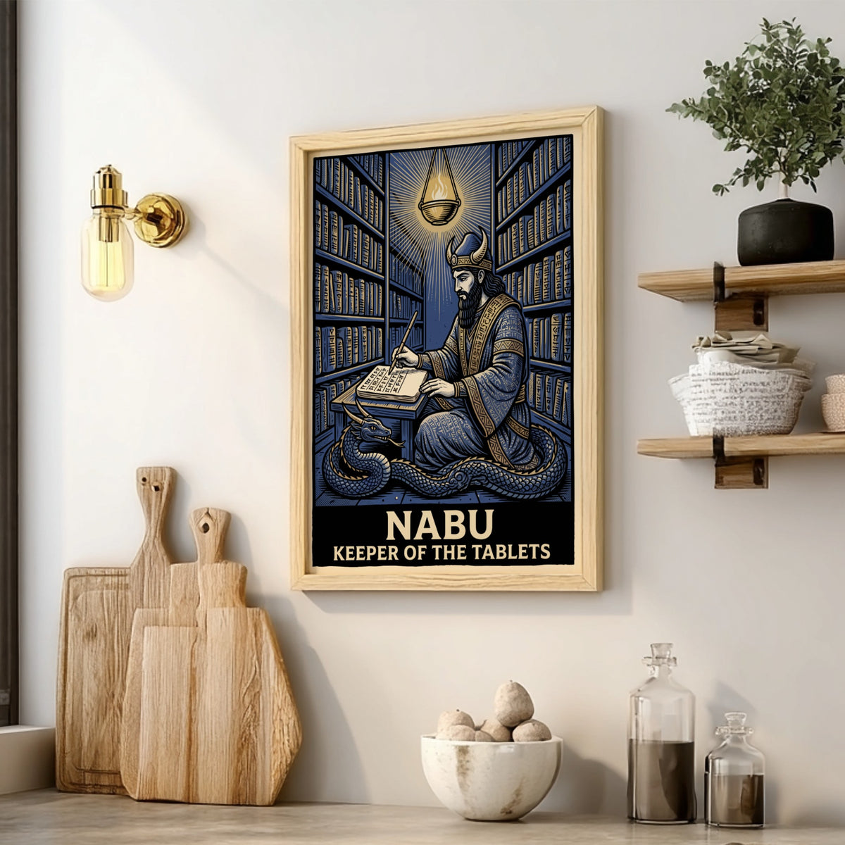 Poster of Nabu the Mesopotamian deity writing in a library with a dragon