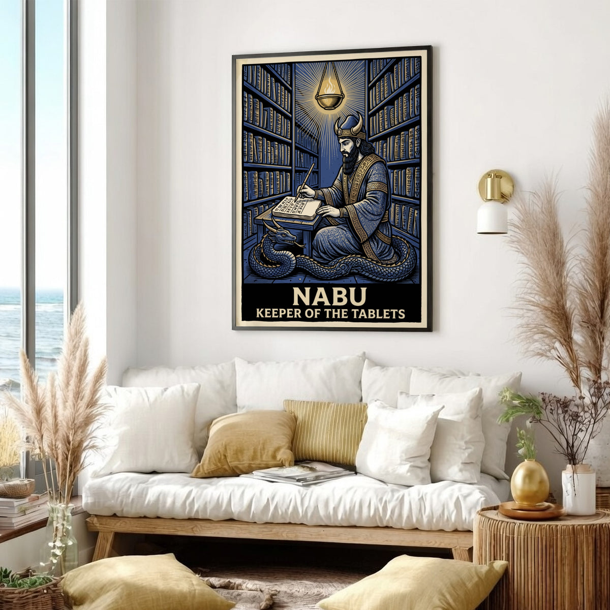 Poster of Nabu the Mesopotamian deity writing in a library with a dragon