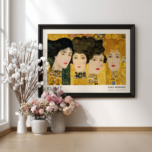 Klimt poster featuring 'Nacht - Ornament und Schatten' with gold tones and intricate patterns