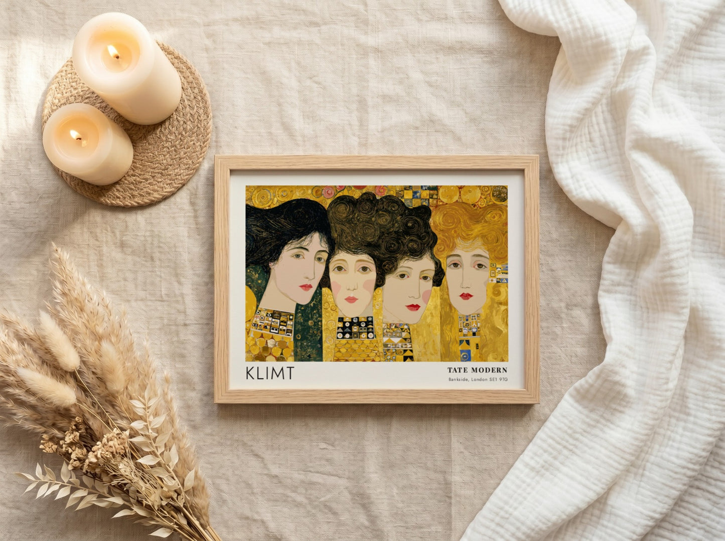 Klimt poster featuring 'Nacht - Ornament und Schatten' with gold tones and intricate patterns