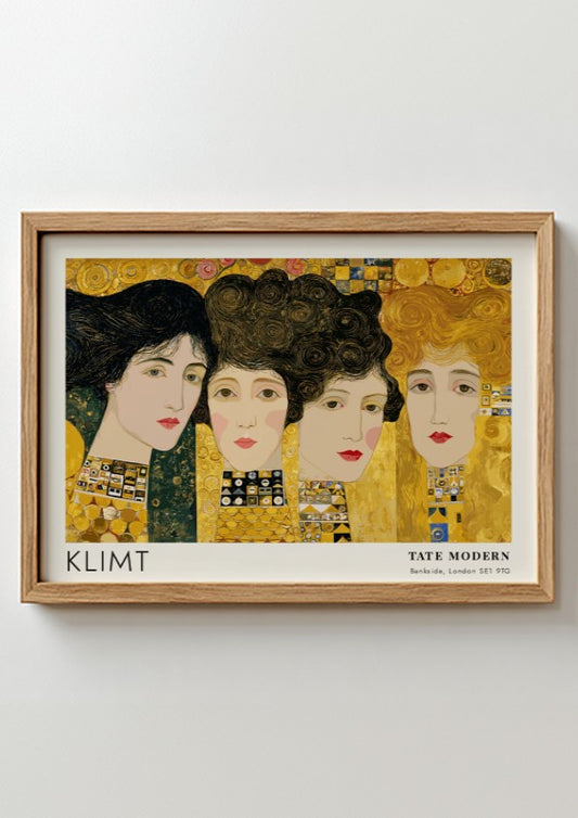 Klimt poster featuring 'Nacht - Ornament und Schatten' with gold tones and intricate patterns