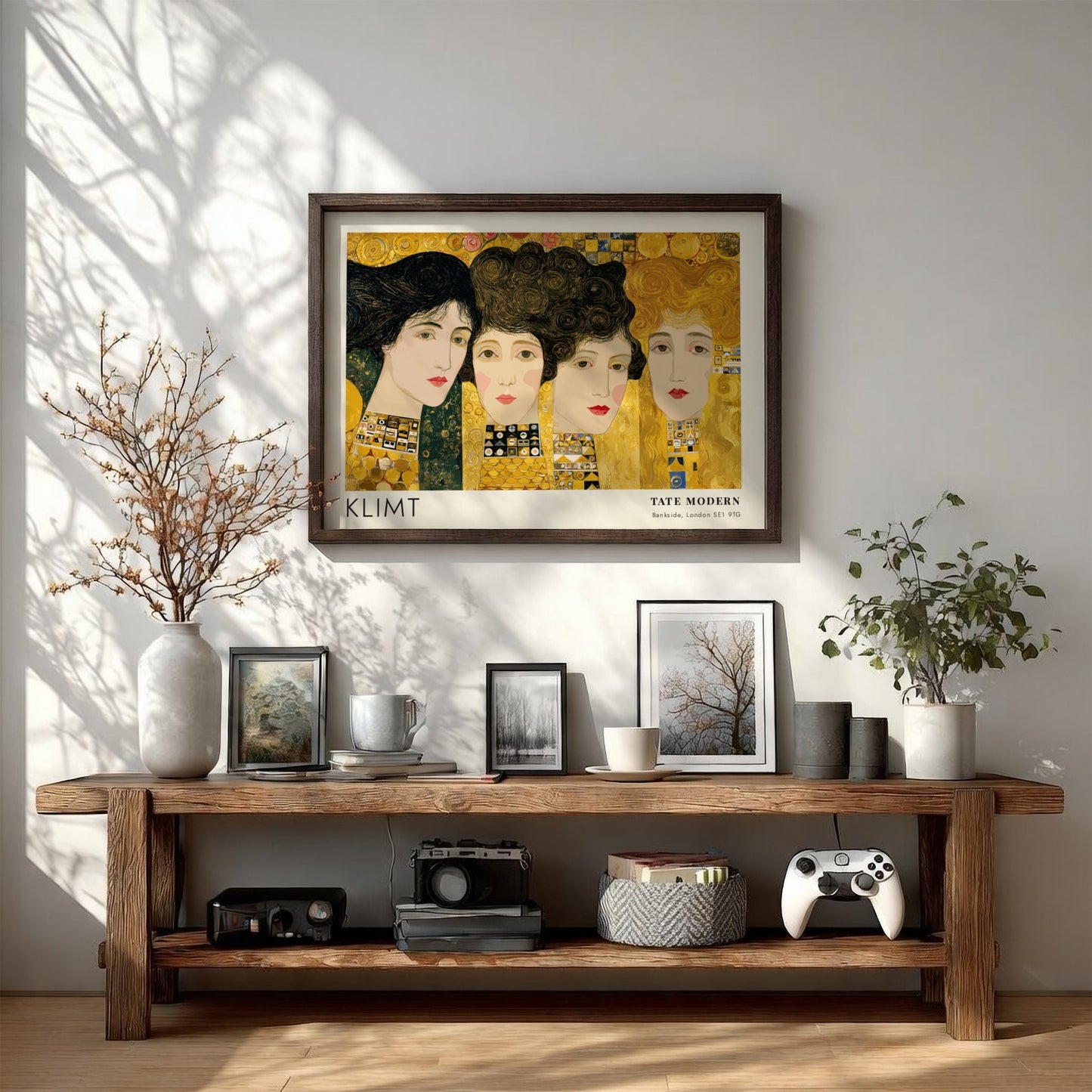 Klimt poster featuring 'Nacht - Ornament und Schatten' with gold tones and intricate patterns