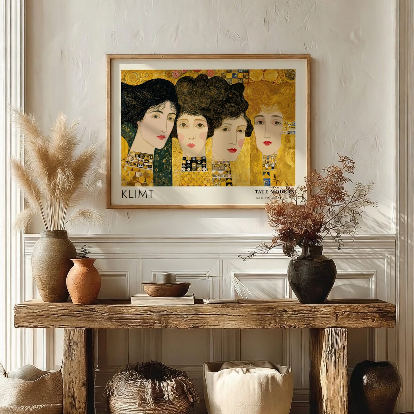 Klimt poster featuring 'Nacht - Ornament und Schatten' with gold tones and intricate patterns