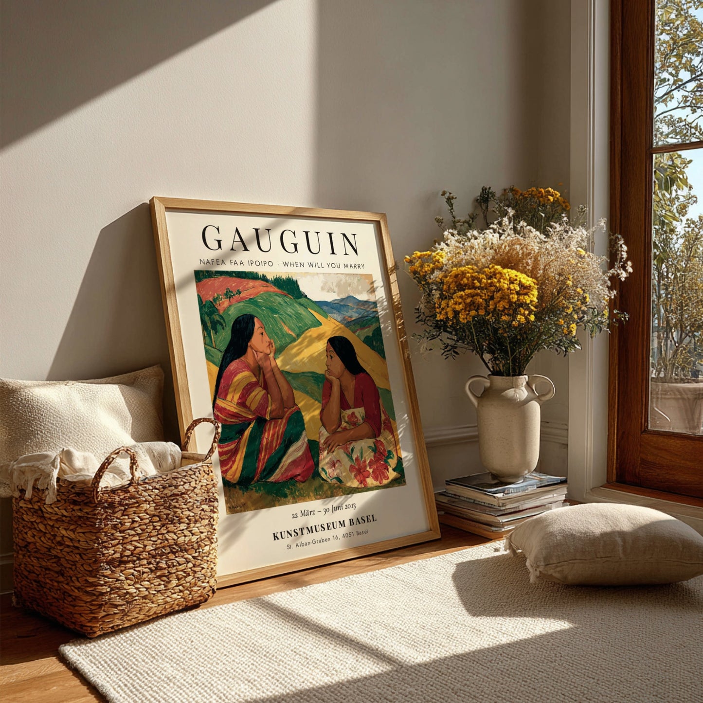 Nafea Faa Ipoipo poster featuring Gauguin's vibrant tropical scene with two women in rich colors