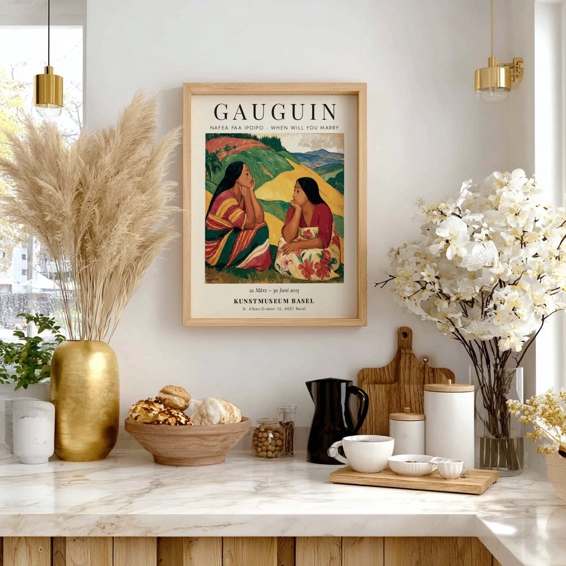 Nafea Faa Ipoipo poster featuring Gauguin's vibrant tropical scene with two women in rich colors