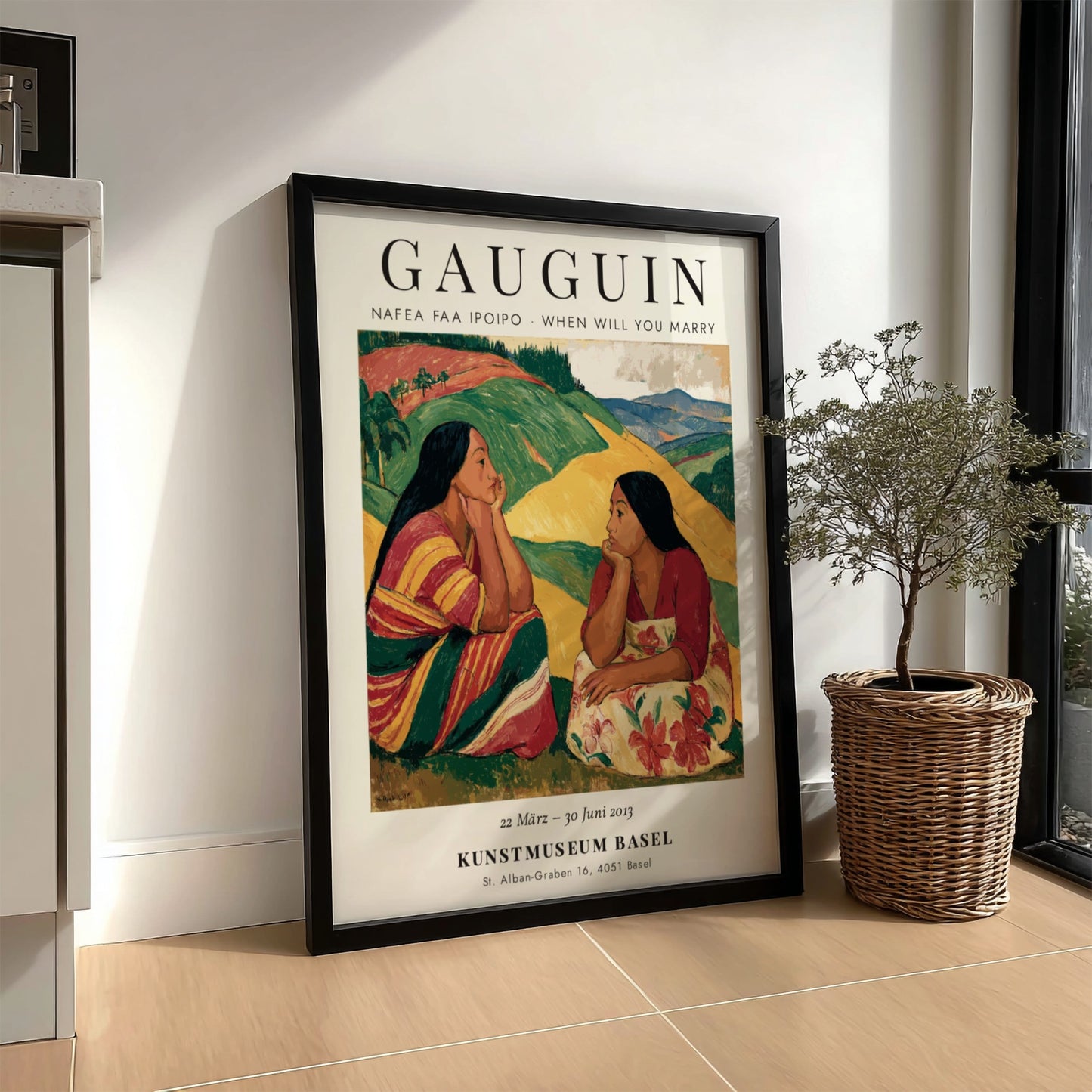 Nafea Faa Ipoipo poster featuring Gauguin's vibrant tropical scene with two women in rich colors
