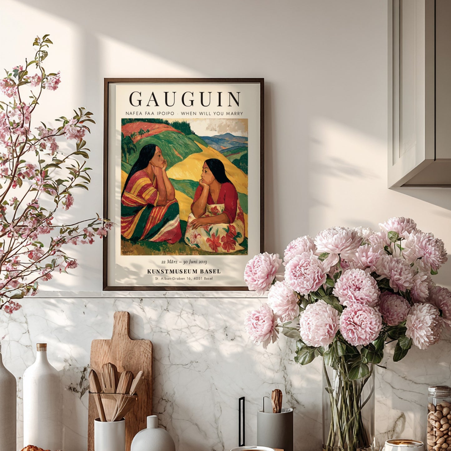 Nafea Faa Ipoipo poster featuring Gauguin's vibrant tropical scene with two women in rich colors