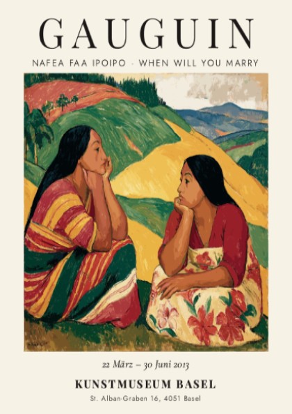 Nafea Faa Ipoipo poster featuring Gauguin's vibrant tropical scene with two women in rich colors
